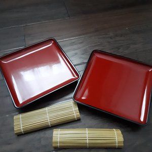 Japanese Lacquerware Plates with Bamboo Mats